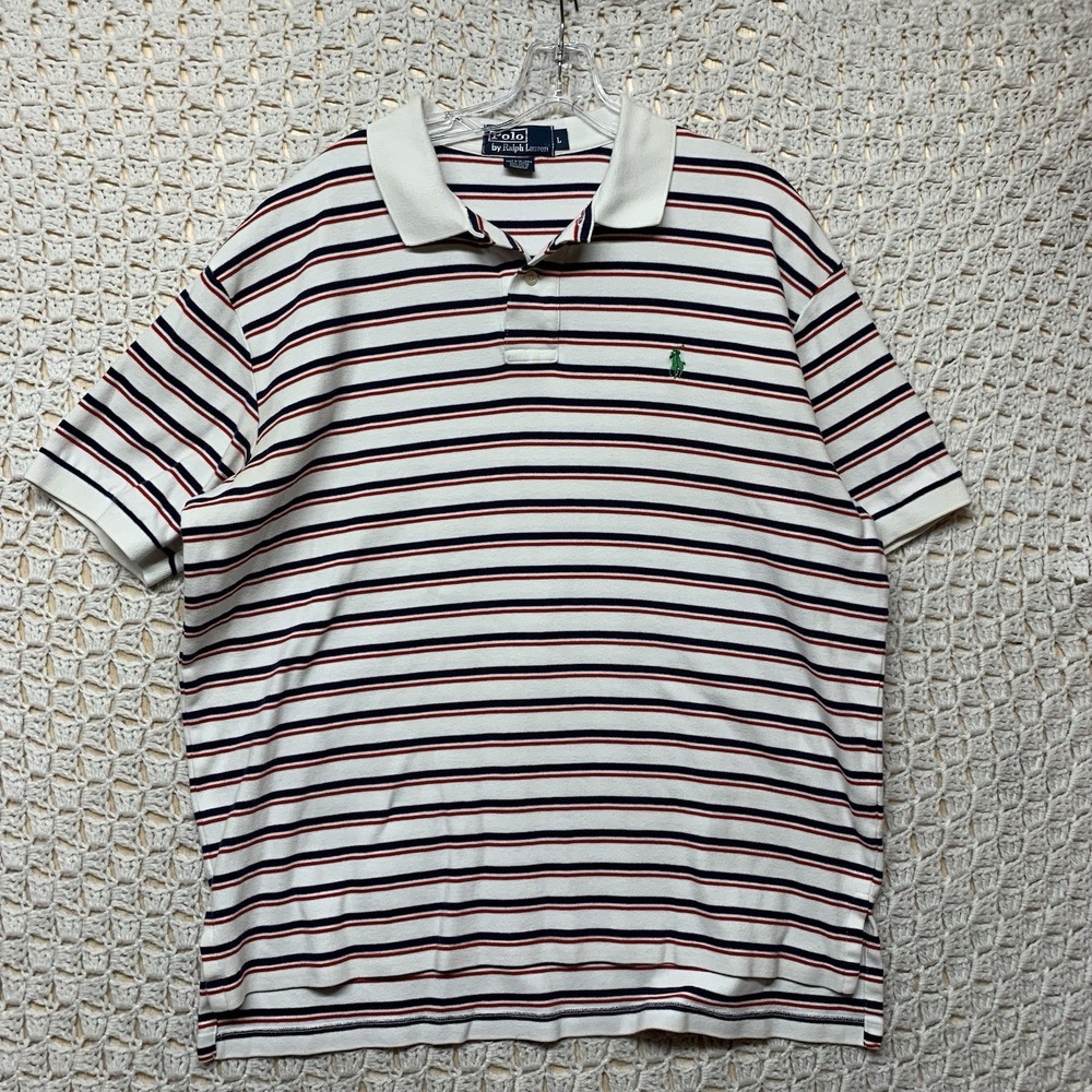 Polo Ralph Lauren Shirt Mens Sz L White Blue Red Striped Short Sleeve Cotton VTG